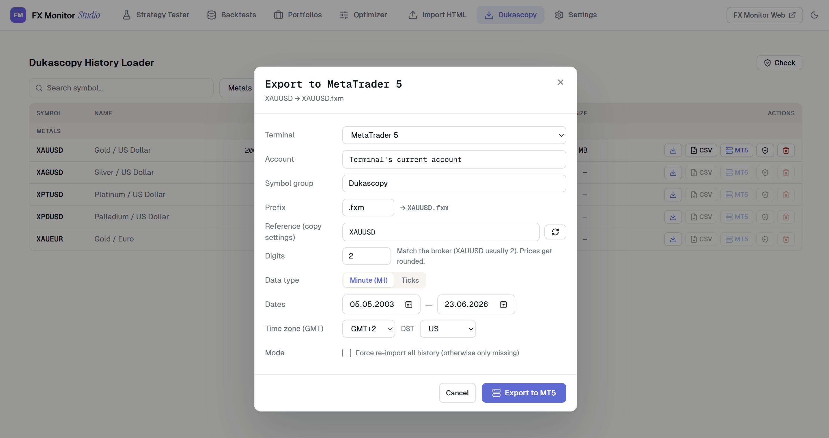 Dukascopy History Loader
